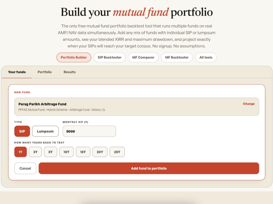 Mutual Fund Portfolio Builder — Step 2: Set SIP or lumpsum amount and how many years back to test